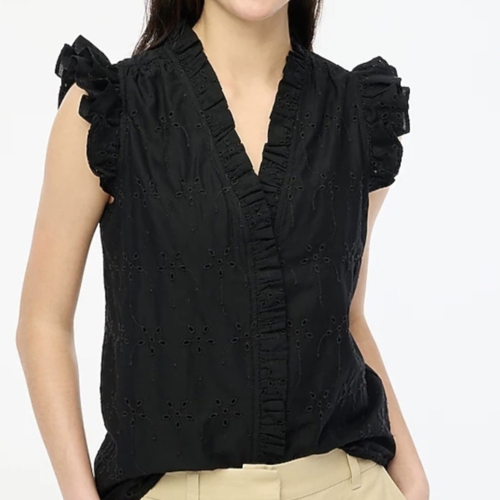 J. Crew Black Eyelet Button Front Top